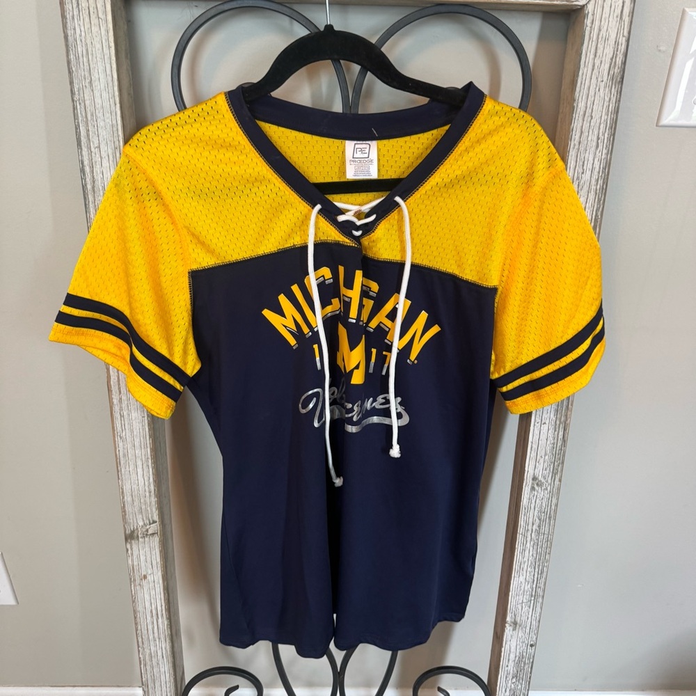 Michigan Wolverines Girls L 12/14 ProEdge Lace-Up Jersey Tee‎ Navy Maize